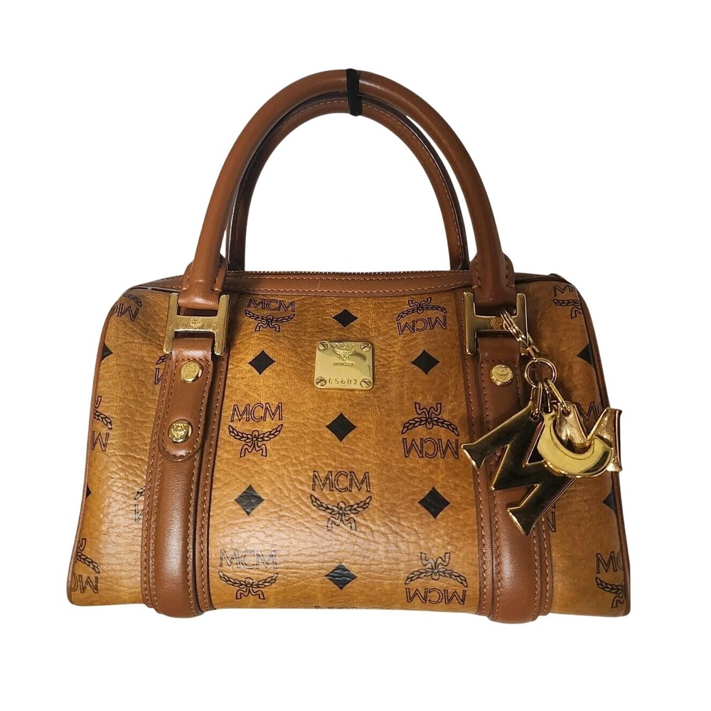 MCM Visetos Boston Bag Cognac Monogram Satchel Gold Hardware C5607